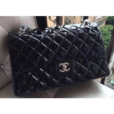 Chanel Classic Flap Bag Black Original Patent Leather A1113 Silver JK207JD63