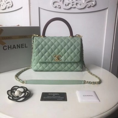 Chanel original Caviar leather flap bag top handle A92991 Peppermint Green JK5235Tk78
