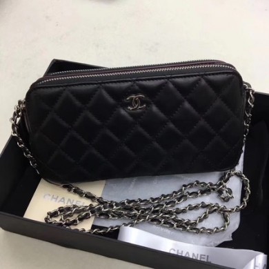 Chanel Shoulder Bag Black Sheepskin Leather CHA6845 Silver JK5671Gh26