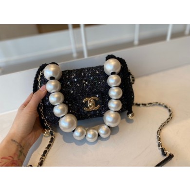 CHANEL Tweed Braided Sheepskin & Gold-Tone Metal AS0593 black JK2486DI37