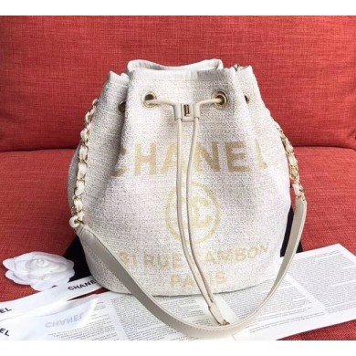 CHANEL Tweed Calfskin drawstring bag & Gold-Tone Metal AS0455 white JK4461yC28