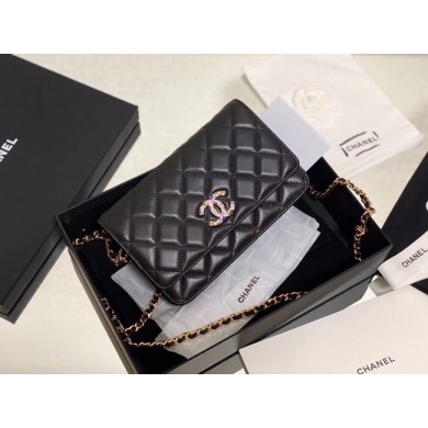 Chanel wallet on chain Lambskin & Laquered Gold-Tone Metal AP2021 black JK3576Rc99