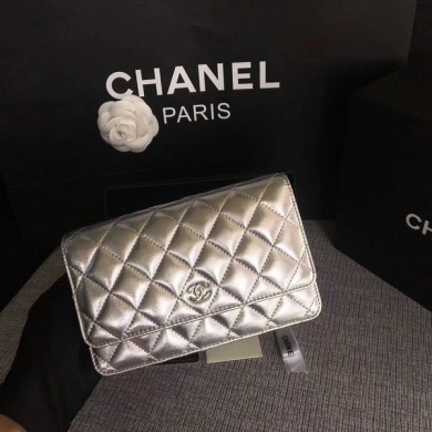 Chanel WOC Flap Bag Original Sheepskin Leather 33814B Silver JK5836KX22