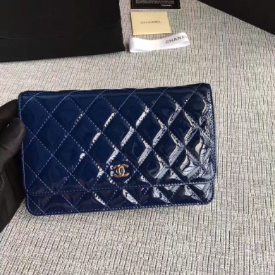 Chanel WOC Flap Bag Patent Leather A33814C Dark Blue JK5695Rk60