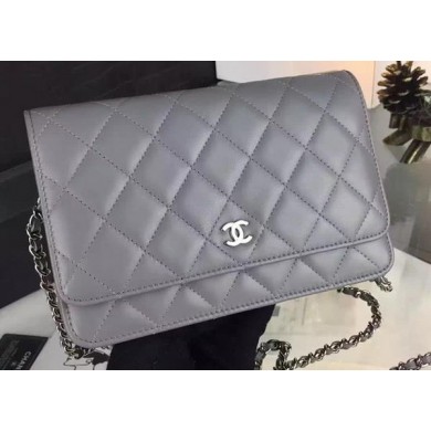 Chanel WOC mini Flap Bag Grey Sheepskin A5373 Silver JK87HW50