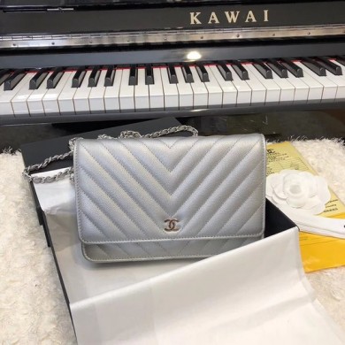 Chanel WOC Original Caviar Leather Flap cross-body bag V33814 Silver grey Silver chain JK5145ta99