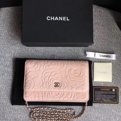 Chanel WOC Pink Camellia Leather mini Flap Bag A33814 Silver JK5715lq41