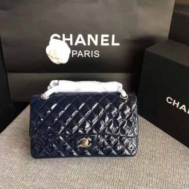 Fake Chanel Flap Shoulder Bags Dark Blue Original Patent Leather CF1112 Silver JK5861GR32