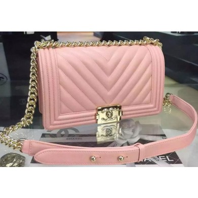 Imitation Boy Chanel Flap Bag Original Chevron Pink Nubuck Leather A5708 Gold JK331Za30