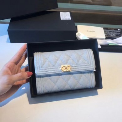 Imitation Chanel Boy Matelasse Caviar Calfskin Leather Wallet CHA5569 Light blue JK1426Za30