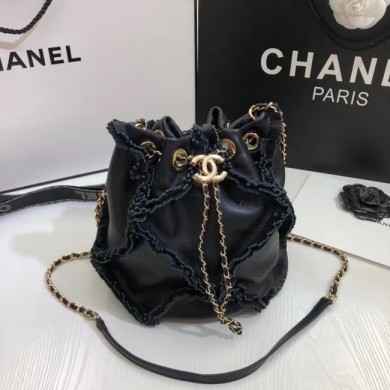 Knockoff CHANEL Calfskin small drawstring bag & gold-Tone Metal AS1613 black JK4033tU76