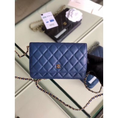 Knockoff Chanel classic wallet on chain Grained Calfskin & gold-Tone Metal 33814 Pearlescent blue JK4588NL80