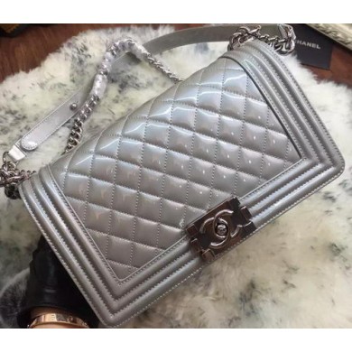 Replica AAA Boy Chanel Flap Shoulder Bag Patent Original Leather A67086 Silver JK776of41