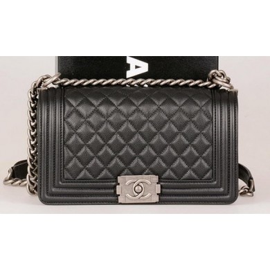 Replica Boy Chanel Flap Shoulder Bag Black Original Cannage Pattern A67086 Silver JK451HB48