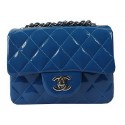 Chanel Classic MINI Flap Bag Blue Original Patent Leather CF1115 Silver JK952EW67