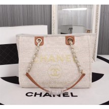 AAAAA Chanel Canvas Shopping Bag Calfskin & Silver-Tone Metal A23556 creamy JK5055aM93
