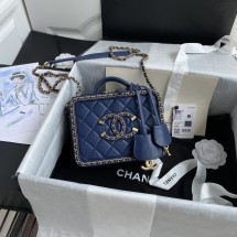 AAAAA Chanel Lambskin Crystal Calfskin & Gold-Tone Metal Cosmetic Bag 8817 dark blue JK3230aM93