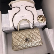 AAAAA Chanel original Caviar leather flap bag top handle A92290 Light gold&silver-Tone Metal JK4744Qa67