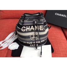 CHANEL Tweed Calfskin drawstring bag & Gold-Tone Metal AS0455 grey.white.Navy JK4458xa43