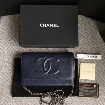 Chanel WOC Original Calfskin Leather Dark Blue Shoulder Bag 33814 Silver JK5701bm74