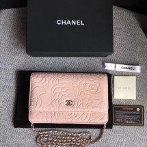 Chanel WOC Pink Camellia Leather mini Flap Bag A33814 Silver JK5715lq41