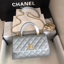 First-class Quality Chanel original Caviar leather flap bag top handle A92290 light blue&Gold-Tone Metal JK4761fm32