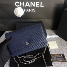 Knockoff Chanel WOC Flap Shoulder Bag Dark Blue Calfskin Leather A33814 Silver JK5622Lg61
