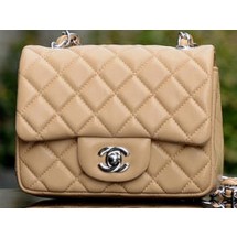 Replica Chanel Classic MINI Flap Bag Apricot Sheepskin A37585 Silver JK725Jw87