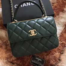 AAAAA Imitation Chanel Classic Top Handle Bag Green Sheepskin Leather A92991 Gold JK17oT91