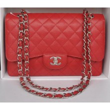 Chanel Jumbo Double Flaps Bag Red Cannage Pattern A36097 Silver JK196Ag46