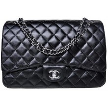 Replica Chanel Maxi Quilted Classic Flap Bag Black Sheepskin A58601 Silver JK681CQ60