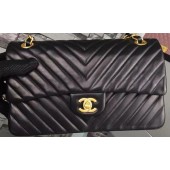 Chanel 2.55 Series Flap Bag Black Lambskin Chevron Leather A5023 Gold JK591TV86