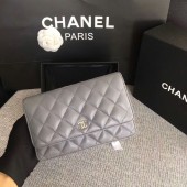 Chanel WOC Flap Bag Grey Original Sheepskin Leather 33814 Silver JK5846hk64